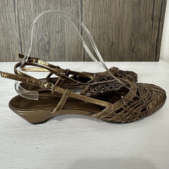 Coldwater Creek Shoes Women 7.5 Gold Bronze Metallic Woven Slingback Kitten Heel - Picture 4 of 12